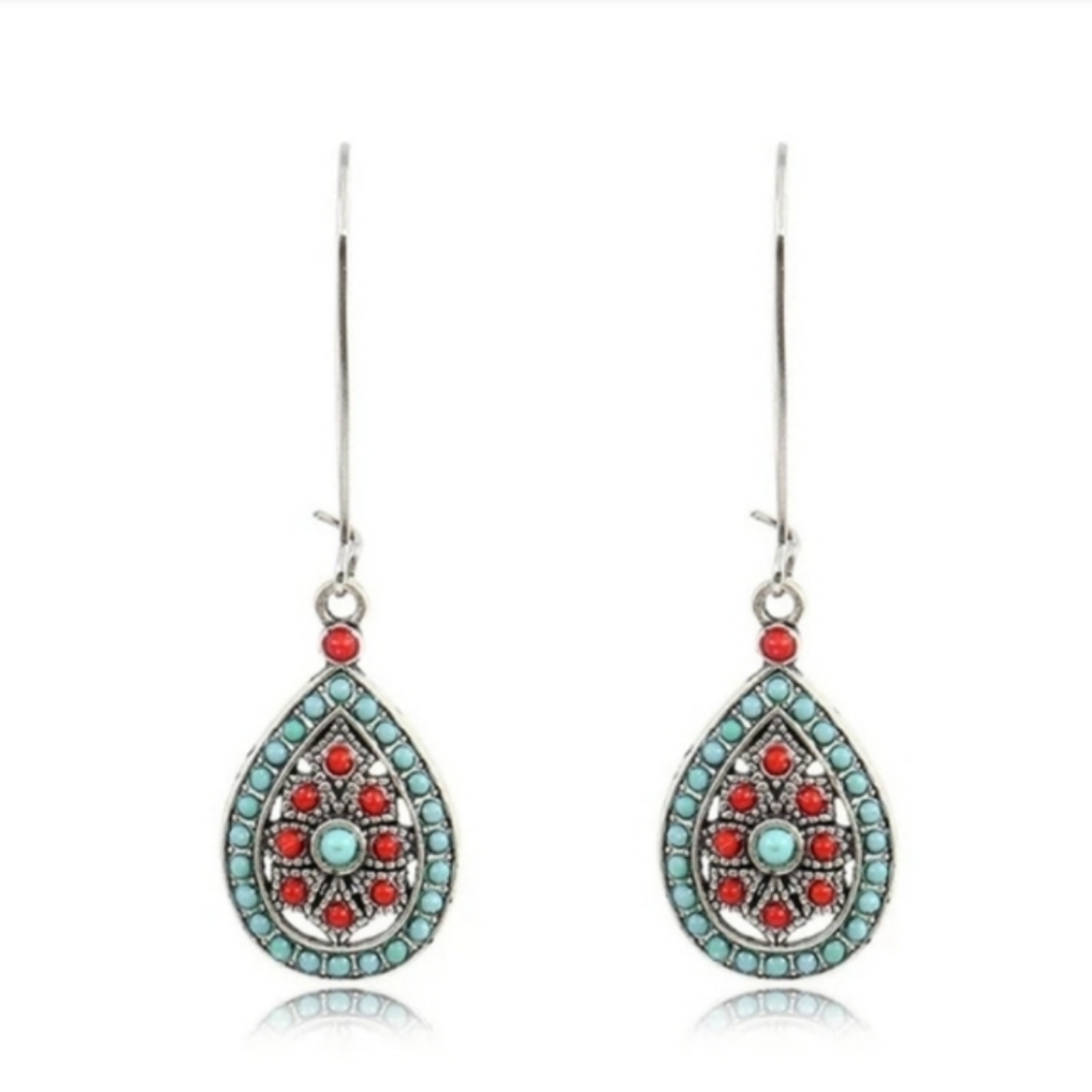 Boho Teardrop Earrings (blue/red/siver tone)